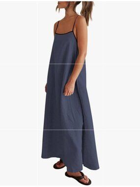 Shy Velvet Linen Blend Blue Gray Maxi Dress with Pockets Women's XS